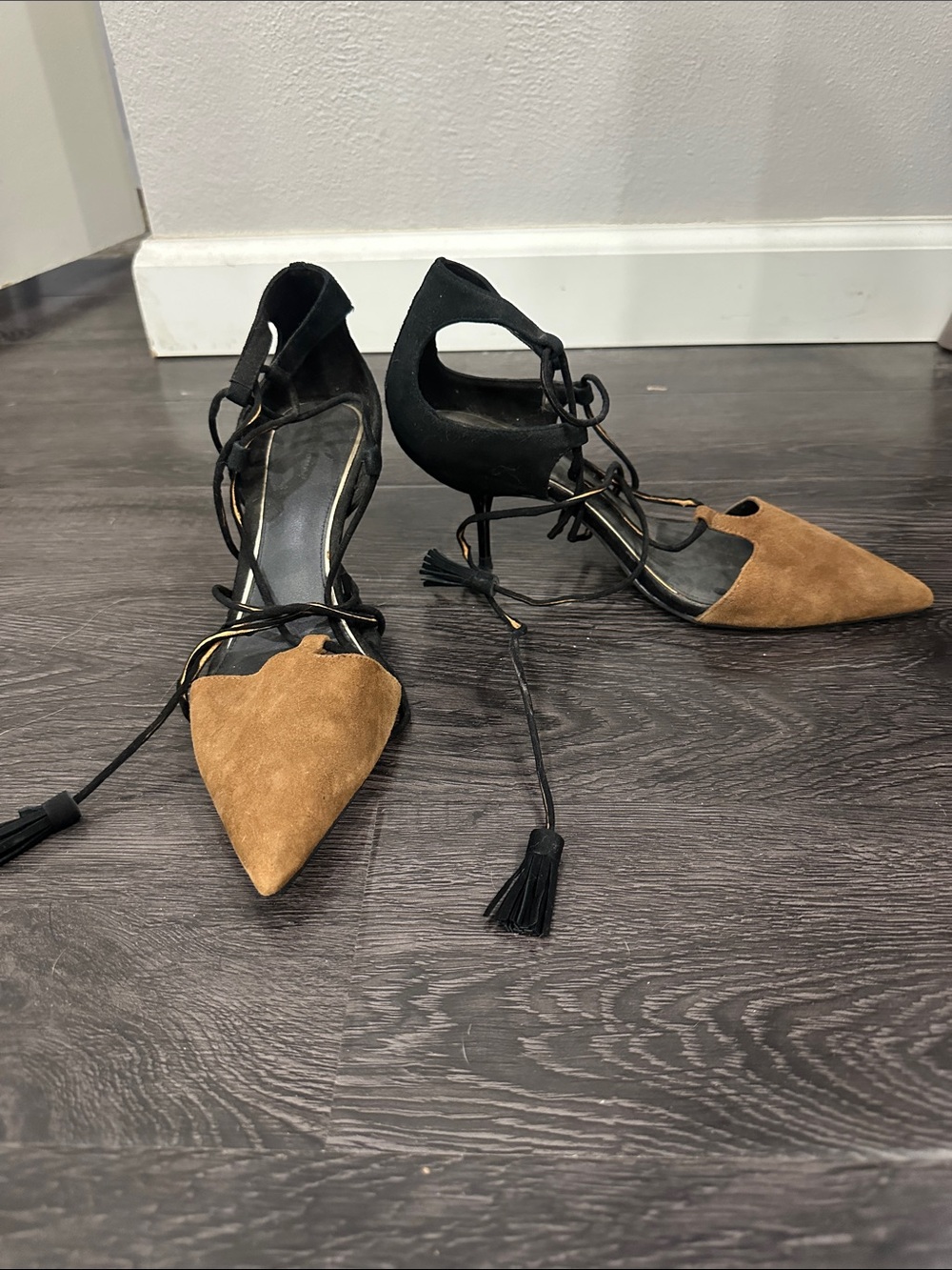 Zara Two-Tone Pointed Suede Lace-Up Heels - Black & Brown